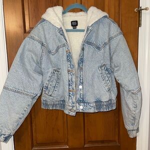 BDG Urban Outfitters Blake Denim Hooded Bomber Jacket Soft Sherpa Lining